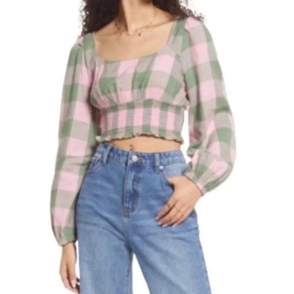 BP. Pink Green Gingham Smocked Crop Top Long Balloon Sleeve Square Neck NWT